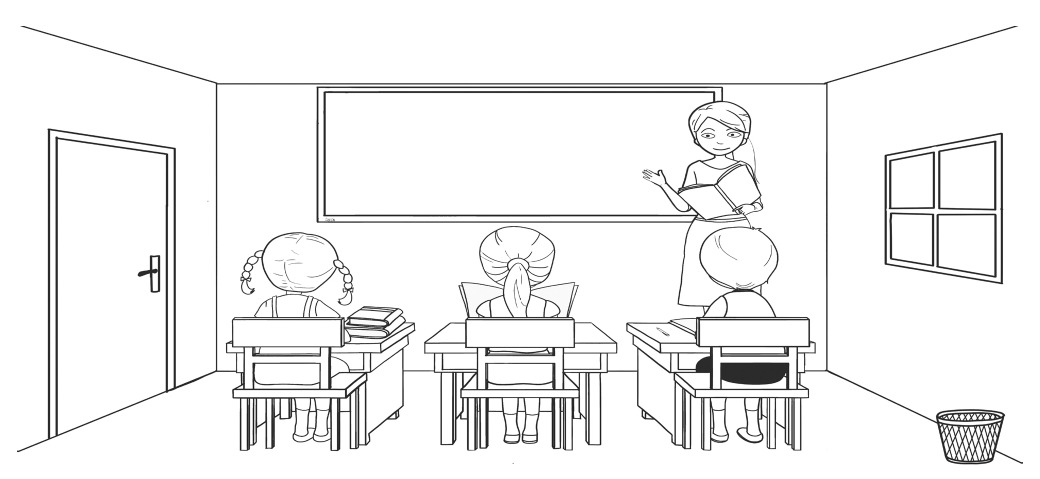Une salle de classe avec un tableau, des pupitres, une porte, une fenêtre et une corbeille
